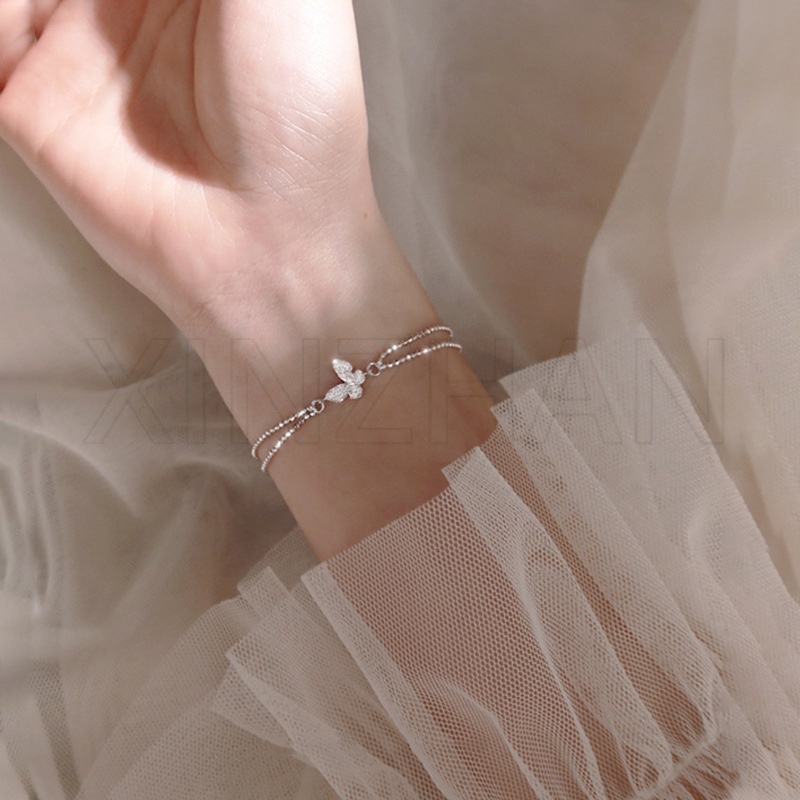 เครื่องประดับ สร้อยข้อมือ กําไลข้อมือ สายโซ่ จี้ผีเสื้อคู่ ประดับเพชรเทียม สไตล์เกาหลี แฟชั่นสําหรับผู้หญิง