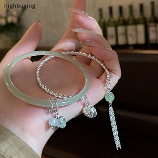 [highbuying] เรียบง่าย แฟชั่น สีเขียว กําไลข้อมือ พู่ สะกดคู่ เงิน สร้อยข้อมือ เปิด ปรับได้ สําหรับผู้หญิง วินเทจ เครื่องประดับ ของขวัญ ใหม่ พร้อมส่ง