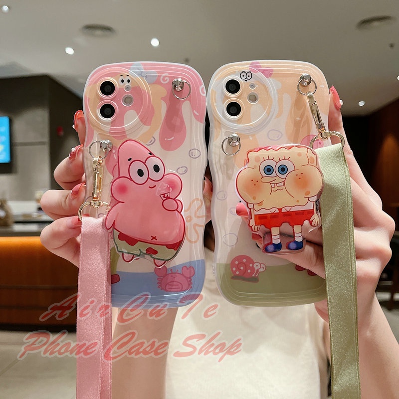 เคส OPPO A58 A57 A54 A53 A38 A18 A17 A17K A16 A16K A15 A15S A98 A96 A95 A94 A93 A92 A83 A78 A77S A76 A74 A71 A52 A31 A12 A9 A7 A5 A5S A3S 4G 5G 2020 2021 2022 2023 Wave SpongeBob SquarePants Stand Lanyard Soft Case