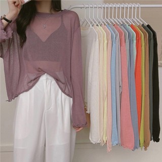 Lune_Grace W248#พร้อมส่ง เสื้อยืดแขนยาว แบบบาง กันแดด ทรงหลวม แต่งขอบรูปแบบเห็ดหูหนู สีขาว แฟชั่นบอททอม สําหรับผู้หญิง