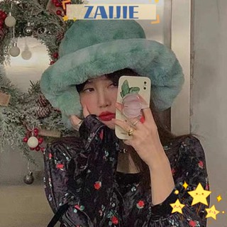 Zaijie24 หมวกบักเก็ต ขนปุยเทียม สีพื้น ให้ความอบอุ่น แฟชั่นฤดูหนาว สําหรับผู้หญิง