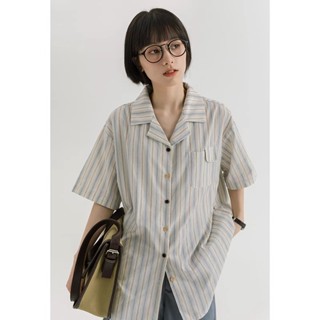 เสื้อคาร์ดิแกนแขนสั้น คอปก ทรงหลวม ลายทาง สีฟ้า ขนาดเล็ก สไตล์เรโทร แฟชั่นฤดูร้อน สําหรับผู้หญิง