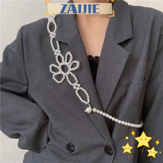 Zaijie24 เข็มขัดโซ่ สายรัดตกแต่ง ดอกไม้สีขาว มุก เข็มขัด มุก ดอกไม้ โซ่เอว ผู้หญิง