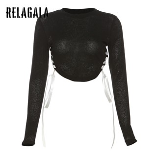 Relagala เสื้อยืดซีทรู ลําลอง คอกลม สีตัดกัน เซ็กซี่ แฟชั่นใหม่ สําหรับสตรี 2023