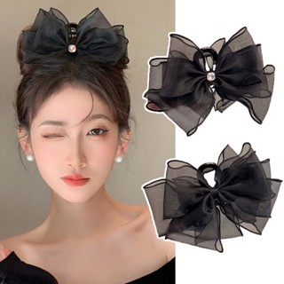 Tulle กิ๊บติดผม ผ้าชีฟอง ประดับโบว์ ขนาดใหญ่ สามชั้น แฮนด์เมด สีดํา หรูหรา