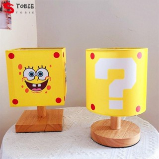 Tobie โคมไฟตั้งโต๊ะ Mario Bros Super Mary Mario Night Light, Creatve SpongeBob Question Mark Wood Cloth Kids