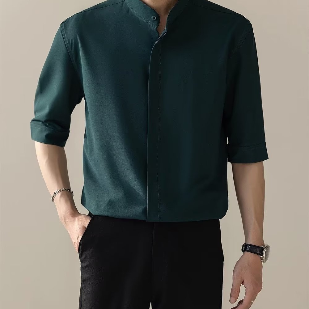 เสื้อครึ่งแขนผู้ชายใหม่สไตล์จีนสไตล์ผู้ใหญ่แสงผู้ชายฤดูร้อนบางพอดีไม่ใช่เหล็กผ้าไหมน้ําแข็งครึ่งแขน