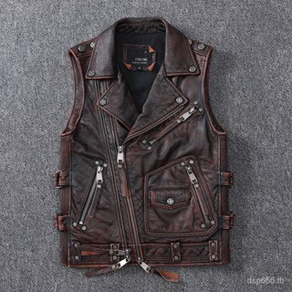 Harley new motorcycle vest first layer cowhide leather leather coat mens stone mill old retro short lapel LFJ2