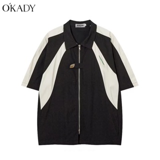 OKADY เสื้อเชิร์ตแขนยาวสีทึบใหม่อินเทรนด์แฟชั่นยอดนิยมของเยาวชนชายห้าส่วน