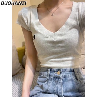 Duohanzi เสื้อยืด คอวี แขนสั้น ผ้าฝ้าย ปักลาย เรียบง่าย เข้ากับทุกการแต่งกาย สไตล์เกาหลี สําหรับผู้หญิง