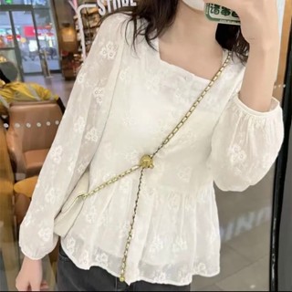 เสื้อเชิ้ตแขนยาว คอสี่เหลี่ยม ปักลาย สีขาว สไตล์ฝรั่งเศส สําหรับผู้หญิง