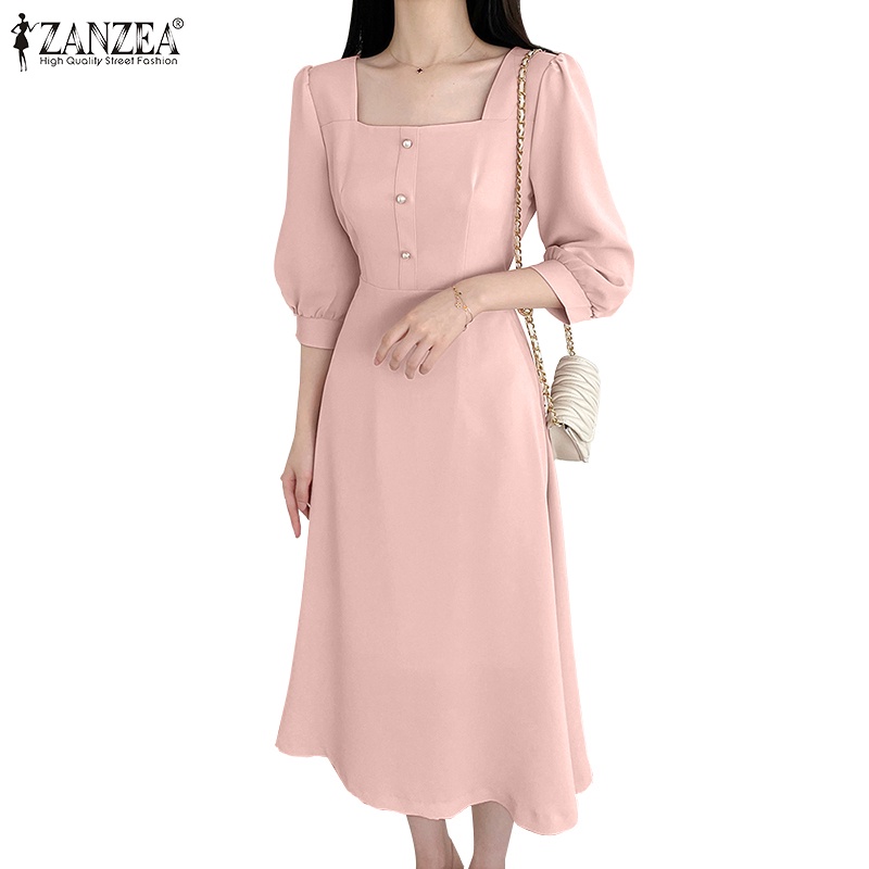 Zanzea ชุดเดรส แขนพัฟ 3/4 คอสี่เหลี่ยม สีพื้น สไตล์เกาหลี สําหรับผู้หญิง