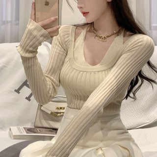 Spot second hair# French sexy neck knitwear tight long sleeve top women 2022 autumn and winter hot girls retro slimming fake two-piece women 8.cc