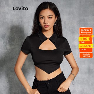 Lovito เสื้อยืดคอเต่าลำลอง สีพื้น คัตเอาท์ L20D1012 (สีดำ)