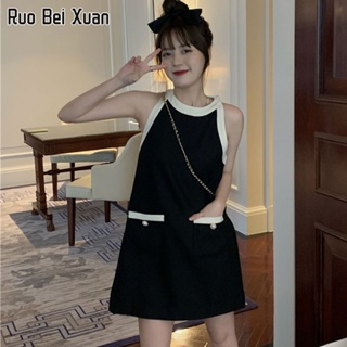 RUO BEI XUAN เดรสผู้หญิง สไตล์เกาหลี ใหม่ แขนกุด คอวี เดรสทรงเอ