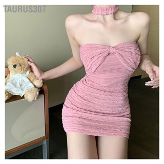  Taurus307 ผู้หญิงโบว์ใหญ่เดรสเกาะอกมินิเดรสแขนกุดดินสอมินิเดรสเกาะอกสั้นเข้ารูปชุดปาร์ตี้คลับ