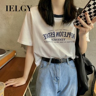 IELGY เสื้อยืดคอกลม แขนสั้น พิมพ์ลายตัวอักษร ทรงหลวม สีตัดกัน สไตล์อเมริกัน เรโทร สําหรับผู้หญิง