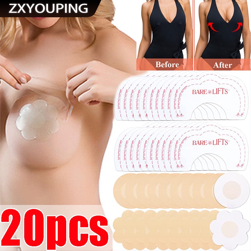 Zxyouping 20 ชิ้น เทปยกเต้านม มีกาวในตัว ปิดจุกนม บราดันทรง ชุดชั้นใน กาว อุปกรณ์เสริม กลีบเต้านม สําหรับปาร์ตี้ ชุดสติกเกอร์
