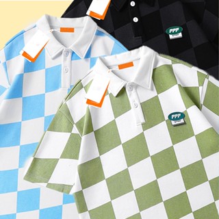 เสื้อยืดโปโล คอปก ทรงหลวม ลายสก๊อต ระบายอากาศได้ดี แห้งเร็ว สีดํา สีเขียว แฟชั่นฤดูร้อน สําหรับผู้ชาย
