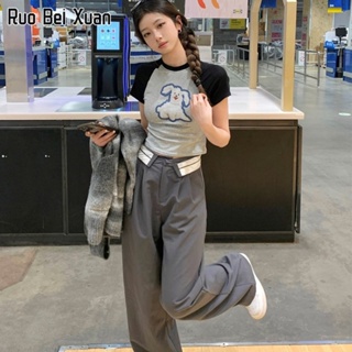 RUO BEI XUAN เสื้อยืดสตรีฤดูร้อนใหม่สไตล์เกาหลีสั้นลูกสุนัขพิมพ์เสื้อครอป