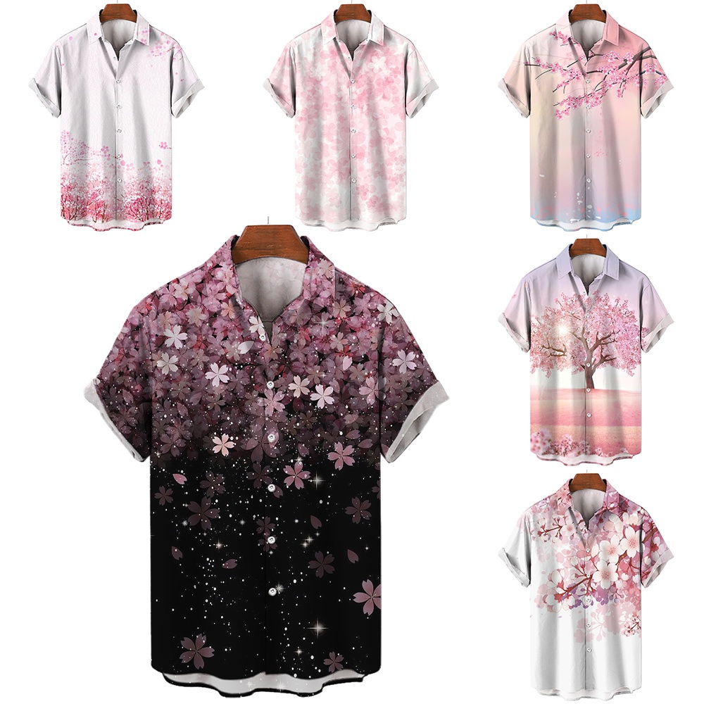 เสื้อเชิ้ตแขนสั้น พิมพ์ลายกราฟฟิติ ดอกซากุระ สไตล์เกาหลี ฮาวาย เรโทร ระบายอากาศ เหมาะกับฤดูร้อน สําหรับผู้ชาย