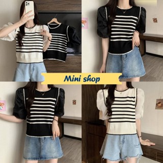 Mini shop🌸พร้อมส่ง🌸 (29045-2) เสื้อไหมพรมแขนชีฟอง ฟองๆเหมือนเจ้าหญิง เสื้อลายทาง -C