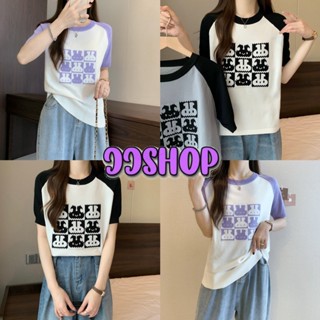 JJ shop 💜พร้อมส่ง เสื้อยืดแขนสั้น ไหมพรม ลายกระต่ายน่ารักๆสีทูโทน "94173" -C