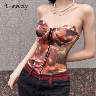 U-sweety ใหม่ เสื้อเปิดไหล่ แขนกุด พิมพ์ลาย สีตัดกัน แฟชั่น สําหรับผู้หญิง 2023