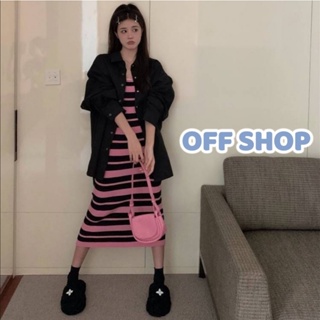 OFF SHOP พร้อมส่ง (OFF-N014) ชุดเดรสไหมพรมกระโปรงยาว ดีเทลลายสีชมพูน่ารักมาก  -C