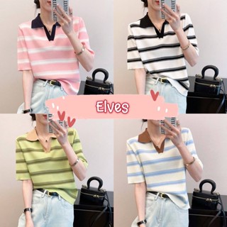 Elves✨พร้อมส่ง✨  เสื้อไหมพรมแขนสั้นคอปก ดีเทลลายทางน่ารักสีพาสเทล ~79001~ -C