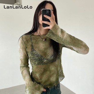 Lanlanlolo เสื้อคอกลม แขนยาว ผ้าตาข่ายกลวง กันแดด สีพื้น แฟชั่นฤดูร้อน สําหรับผู้หญิง 2023