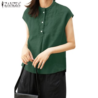 Zanzea เสื้อเชิ้ตลําลอง ผ้าฝ้าย ผ้าลินิน สีพื้น สไตล์เกาหลี สําหรับผู้หญิง