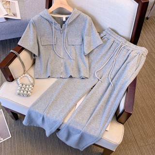Pick up the leak counter withdraw ~ hooded short-sleeved zipper T-shirt wide-leg trousers two-piece set of casual lean meat cover sports suit