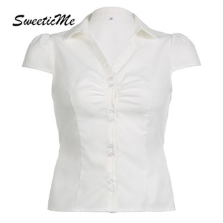 Sweeticme ใหม่ เสื้อเชิ้ตลําลอง แขนสั้น คอปก เข้ารูป สีพื้น แฟชั่นสําหรับสตรี 2023