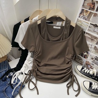 Milyfashion เสื้อยืด แขนสั้น ทรงสลิมฟิต มีเชือกผูก ออกแบบใหม่ 2023