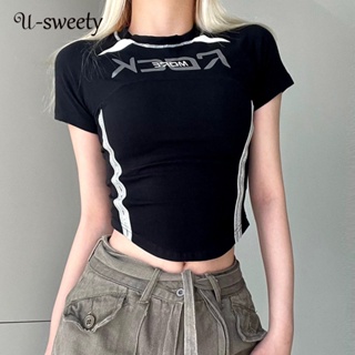 U-sweety เสื้อยืด คอกลม พิมพ์ลาย สีตัดกัน เข้ากับทุกการแต่งกาย แฟชั่นสําหรับผู้หญิง 2023