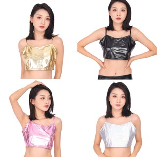 เสื้อครอปท็อป หนังเทียม สีทอง แวววาว เซ็กซี่ สําหรับผู้หญิง