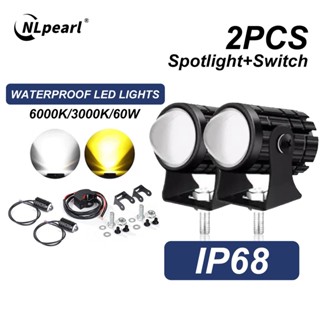 Nlpearl ไฟสปอตไลท์ ไฟตัดหมอก LED 60W เลนส์ฟิชอายคู่ 2 สี สําหรับรถจักรยานยนต์ 2 ชิ้น