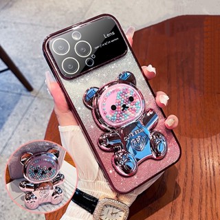 เคสไอโฟน 14 13 12 pro max เคส iPhone 14 13 12 Pro MAX Plus case ท์มือถือแบบใส กันกระแทก แต่งกลิตเตอร์ ลายการ์ตูนหมี พร้อมขาตั้ง หรูหรา สําหรับ iPhone 12 13 14 Pro Max