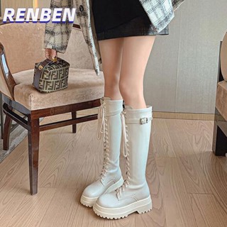 RENBEN ลูกไม้ขึ้นสีทึบอัศวินรองเท้าผู้หญิงใหม่หนา soled แต่เข่าบางรองเท้าบูทสูง