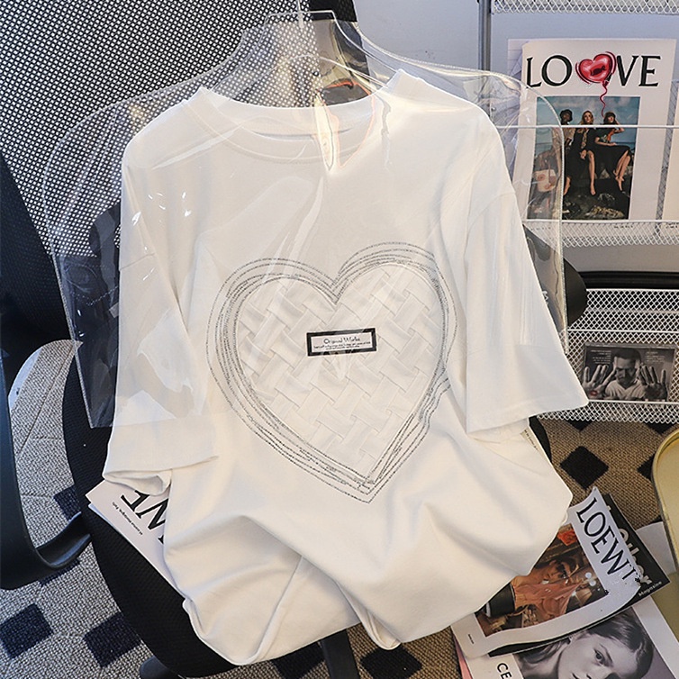 เสื้อยืดแขนสั้น ผ้าฝ้ายแท้ ทรงหลวม ประดับเพชร แฟชั่นฤดูร้อน สําหรับผู้หญิง