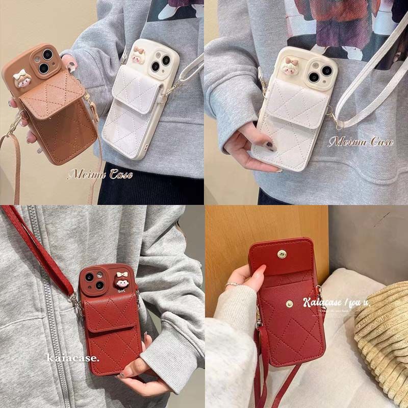 เคสโทรศัพท์มือถือ ป้องกัน พร้อมกระเป๋าสตางค์ และสายคล้อง สีดํา สีน้ําตาล สําหรับ IPhone 15 14 Pro Max 11 13 12 X Xs Xr Max Pro Max