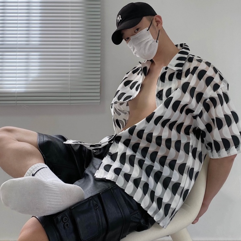 เสื้อเชิ้ตแขนสั้น คอปก ผ้าแจ็คการ์ด สีคอนทราสต์ แฟชั่นฤดูร้อน สําหรับผู้ชาย และผู้หญิง