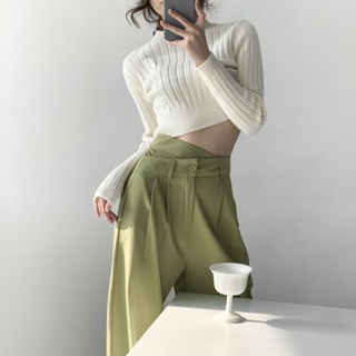 Stroll the small waist, western style, high waist, irregular green wide-legged suit trousers, womens loose casual floor straight trousers