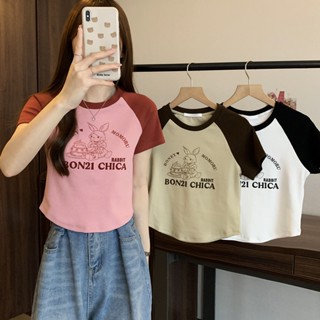 พร้อมส่ง เสื้อยืดแขนสั้น ผ้าถัก สีตัดกัน สไตล์เกาหลี เรโทร แฟชั่นฤดูร้อน สําหรับผู้หญิง 2023