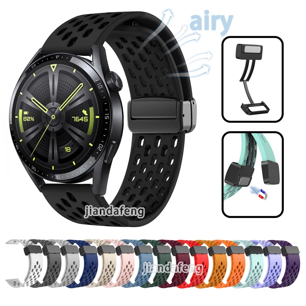 รูระบายอากาศสาย D Buckle Sport magnetic Band สายรัดซิลิโคนอ่อนนุ่มสําหรับ HUAWEI WATCH GT3 GT4 GT5 GT6 46 มม.Watch4 Pro สายคล้อง
