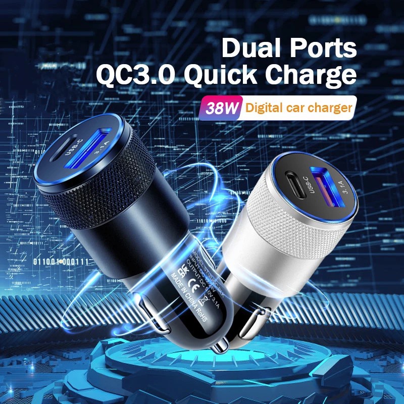 อะแดปเตอร์ชาร์จโทรศัพท์มือถือ 3.1A 15 38W Type-C USB QC3.0 USB+PD อลูมิเนียมอัลลอย สีดํา สําหรับรถยนต์