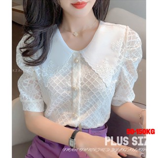 Plus size เสื้อผ้าสาวอวบ❤ เสื้อสาวอวบอ้วน ไซส์ใหญ่ ผู้หญิง เสื้อลูกไม้ ทรงสลิมฟิต แขนสั้น คอบัว สีขาว ฤดูร้อน สไตล์เกาหลีแฟชั่น
