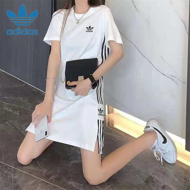 Adldas ชุดเดรสกระโปรงยาว ผ้าฝ้าย 100% คอกลม ปักลายโลโก้ สําหรับสตรี