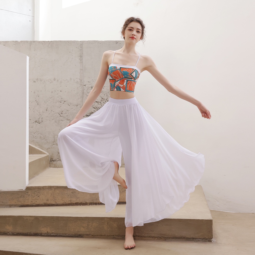 ชุดเสื้อแขนกุด และกางเกง ผ้าชีฟอง สไตล์คลาสสิก สองชิ้น สําหรับผู้หญิง ใส่เต้นรํา เล่นโยคะ พิลาทิส